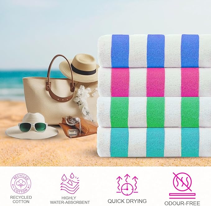 CASA COPENHAGEN Cabana Beach Towel Designed in Denmark Rough and Tough, Quick Dry, Pool, Bath & Shower 30x60 inches 4 Pieces Cotton Beach Bath Towels Set - Turquoise, Royal Blue,Pink, Green