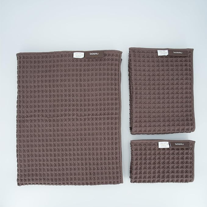 Luxury Japanese Cotton Waffle Bath Towel | Plush, Absorbent, and Quick Dry | Free Storage Bag Included (Dark Cocoa, Bath Towel Set (3-Piece))