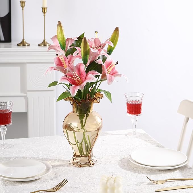 Large Glass Vase, Amber Vase for Flowers, Flower Vases for Bouquet, Glass Flower Vases for Living Room, Dining Table, Shelf, Wedding, Office, Coffee Table, 9.5 Inches