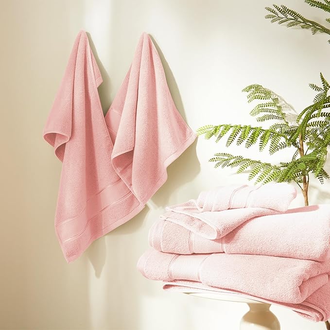 Marvione Bath Towels Set 6 Piece, 100% Turkish Cotton Highly Absorbent and Soft Towels for Bathroom 2 Bath Towels 2 Hand Towels 2 Washcloths, Pink