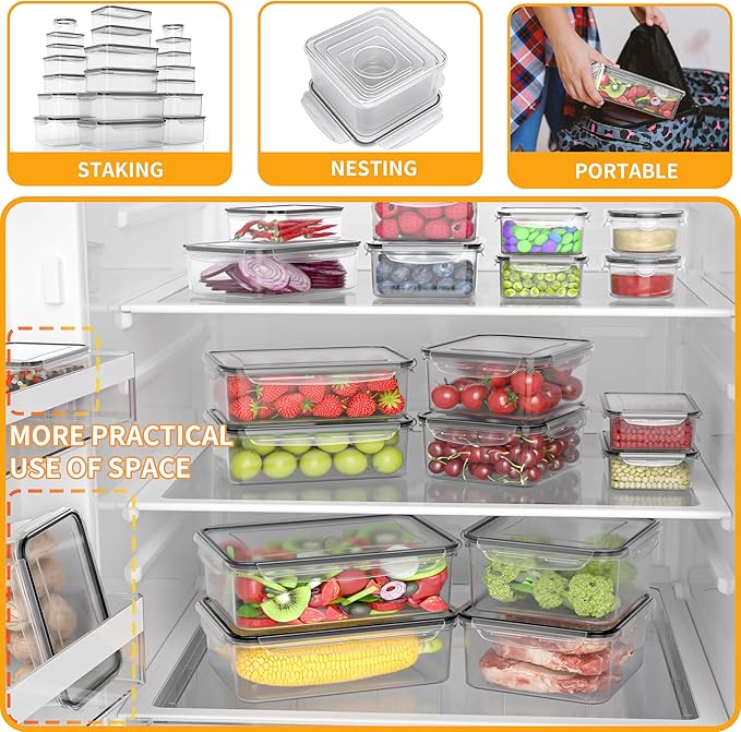 52 PCS Large Food Storage Containers with Lids Airtight, BPA-Free Leakproof Plastic Meal Prep Containers Reusable,Microwave & Dishwasher & Freezer Safe,Includes Labels & Pen