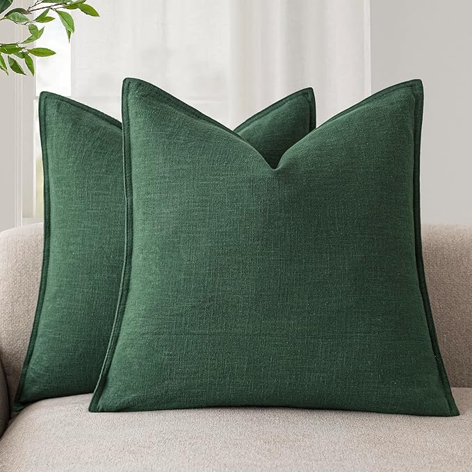 Foindtower Set of 2, Decorative Linen Soild Throw Pillow Covers Soft Accent Euro Cushion Case Farmhouse Neutral Pillowcase for Chair Couch Sofa Bedroom Living Room Home Decor 20 x 20 Inch Pine Green