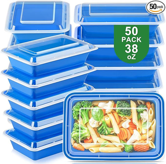 50 Pack Meal Prep Containers with Lids 38oz - BPA-Free, Reusable, Leakproof Food Storage Containers - Microwave/Dishwasher/Freezer Safe, To Go Take Out Plastic Food Storage Pans(Blue)