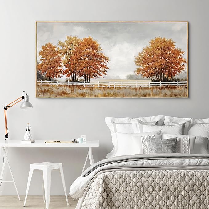 yiijeah Orange Wall Art - Large Canvas Living Room Wall Decor Fall Burnt Orange Tree Picture Ruict Landscape Poster Framed Artwork for Bedroom Office Home Decoration 58x29