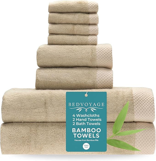 BedVoyage Luxury Bath Towels Set of 8 - Ultra Soft Plush Bathroom Towel Set - Highly Absorbent Viscose from Bamboo Bath Towels Ultra Soft - Spa Towel for Body - Champagne