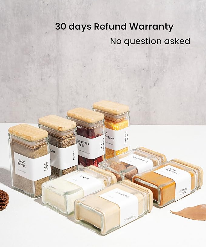 APT 1101 Glass Square Spice Jars with Labels, 4oz Glass Jars with Bamboo Lids, Spice Bottles, Seasoning Organizer, 12 Pack (White)