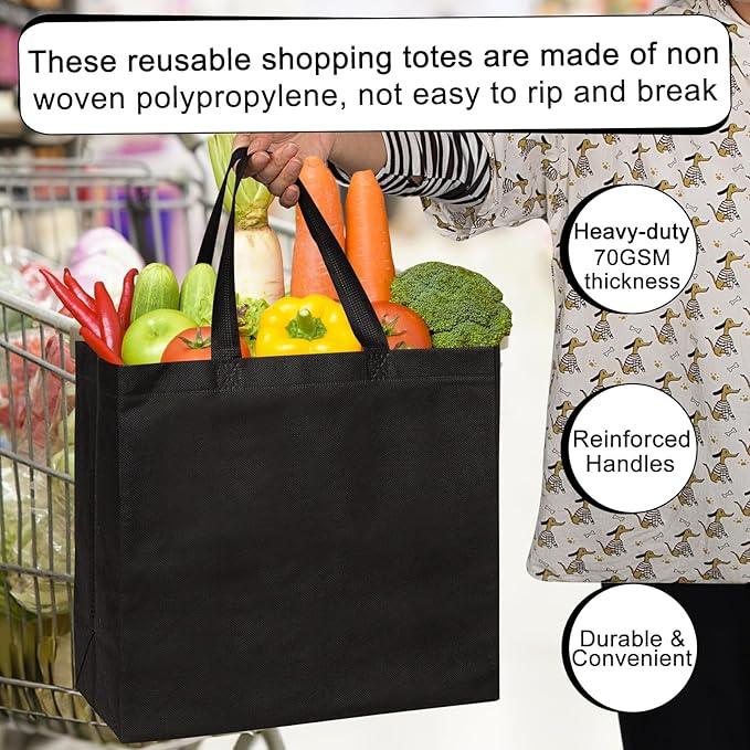 JERIA Black Reusable Totes Bag with Reinforced Handles Non Woven Bulk Shopping Bags