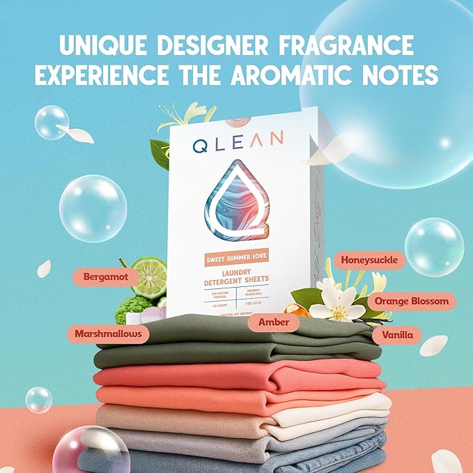 QLEAN Laundry Detergent Sheets – Travel-Friendly, HE & Standard Washer Safe, Liquidless Laundry Soaps, Quick-Dissolving Formula, Skin-Friendly (120 Loads, Sweet Summer Love)