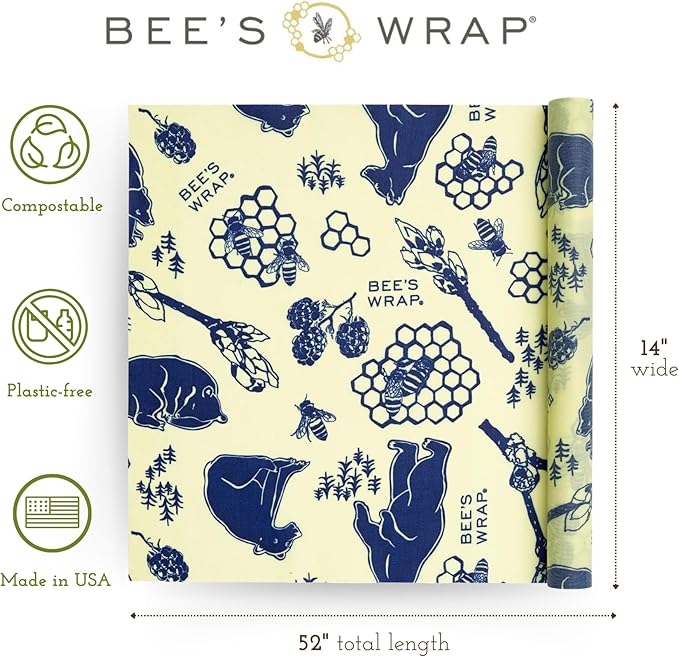 Bee's Wrap Beeswax Wraps for Food - Cut to Size 14x52" Wax Paper Roll - Made in USA Reusable Waxed Paper & Bowl Covers - Organic & Eco-Friendly Alternative to Aluminum Foil, Bees + Bears