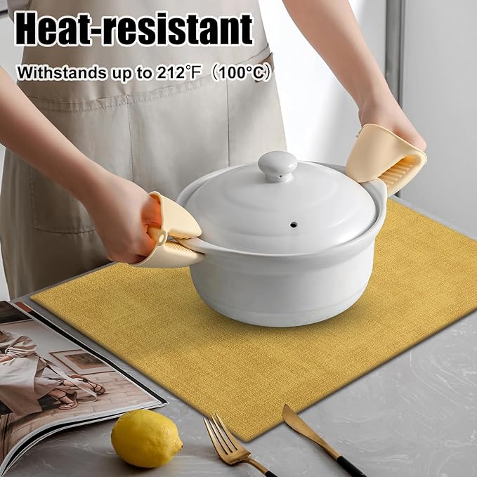 Homaxy Faux Leather Heat Resistant Placemats for Dining Table Set of 8, Waterproof Wipeable Washable PU Table Mats, Easy to Clean Anti-Slip Place Mats, 11.8" x 17", Yellow