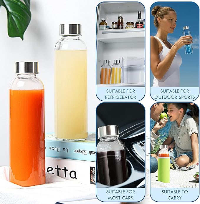 YEBODA Glass Water Bottles 18oz Bottles For Beverage and Juicer Use Stainless Steel Caps - Including Colorful Nylon Protection Sleeve,Pack Of 6