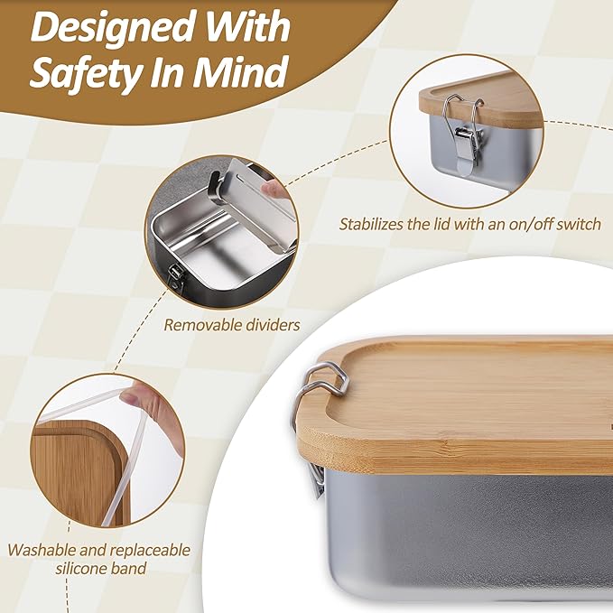 FATEM Bento box in 304 stainless steel. Metal Lunch Boxes with Eco-Friendly Bamboo Lid, Anti-Leak Locking Clips and a Removable Divider.