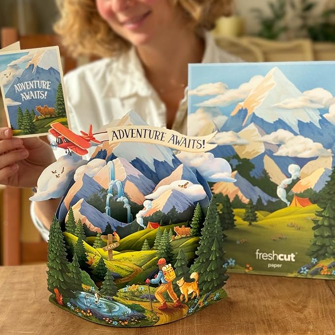Freshcut Paper Pop Up Cards, Adventure Awaits, 12 Inch Life Sized 3D Popup Greeting Card, Birthday Cards, Graduation Card, Travel Themed Retirement, Baby Shower, Blank Notecard & Envelope