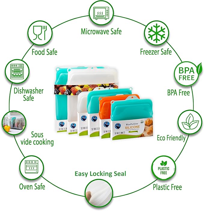 100% Silicone Bags Reusable Storage - Freezer Bags - 6 Reusable Silicone Bags For Food Storage with Two of each (1/2 Gal, Large and Medium) and Complementary Cotton Mesh Bags