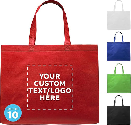 DISCOUNT PROMOS Custom Jumbo Sized Tote Bags Set of 10, Personalized Bulk Pack - Reusable Grocery Bags, Shopping Bags, Promotional Item Totes for Women - Red