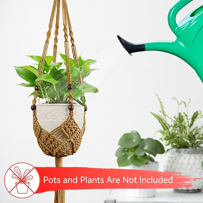USLAI Macrame Plant Hanger for Indoor Outdoor, Up to 3-6.5 inch Pot, Hanging Planter Flower Pot Holder with Beads and Tassels, Boho Home Decor, 2-Pack, Brown