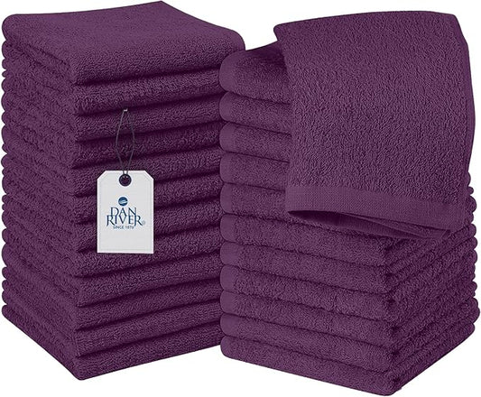 DAN RIVER 100% Cotton Wash Cloths 24 Pack [12x12] Soft & Absorbent Body wash Cloths, Gym, Hotels & Spa Perfect for Everyday Use Fingertip Towels, Purple Passion