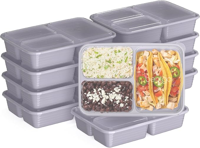 Bentgo Prep - 20-Piece 3-Compartment Reusable Meal Prep Containers with Lids, PFAS & BPA Free Materials, Durable, Microwave, Freezer, & Dishwasher Safe To Go Food Storage (Lilac)