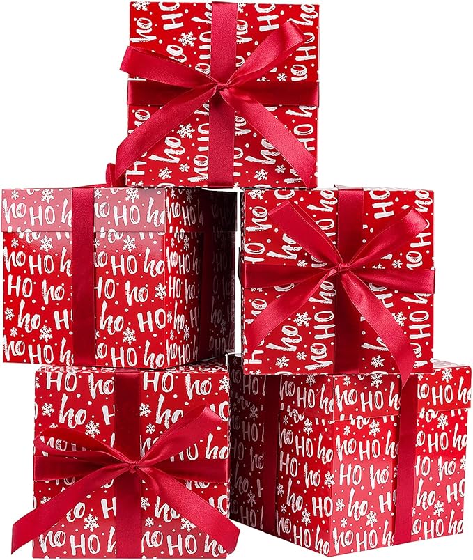 Jaywayang 5 Pack Red Christmas Gift Boxes with Lids, Ribbons and Tissue Papers Square Gift Boxes - 7.1 Inch - Presents Wrapping Christmas Gift Holiday New Year Party Favor Boxes.