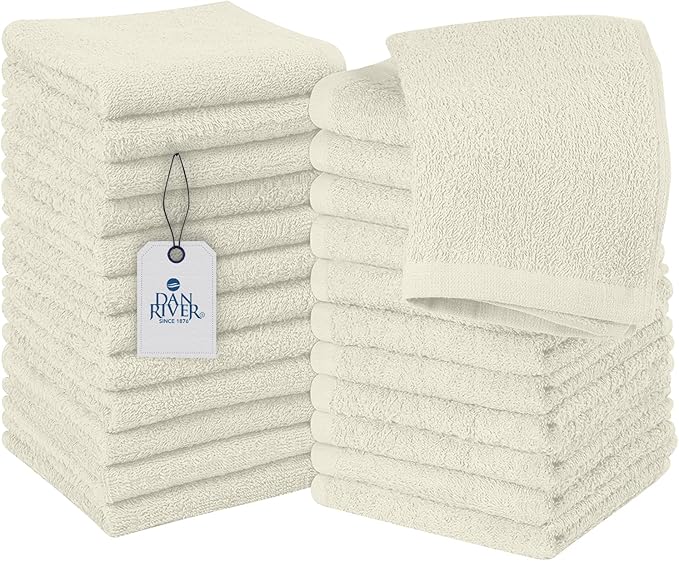DAN RIVER 100% Cotton Wash Cloths 24 Pack [12x12] Soft & Absorbent face Towels for Bathroom, Gym, Hotels & Spa Perfect for Everyday Use Fingertip Towels, Ivory