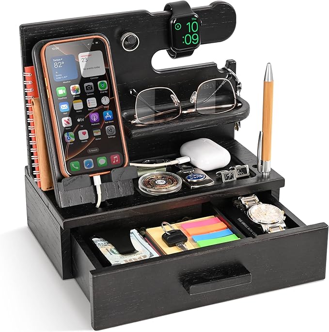 TESLYAR Wood Phone Docking Station with Drawer - Nightstand Organizer - Desk Organizer for Husband - Birthday Gifts for Men, Dad, Anniversary Idea, Key Holder Stand Watch & Accessories (Fumed Black)