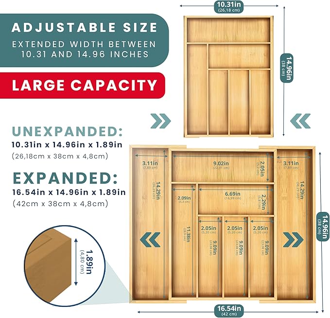 Sben Expandable Drawer Organizer for Utensils Holder, Adjustable Cutlery Tray, Wood Drawer Dividers Organizer for Silverware, Flatware, Knives for Kitchen (Bamboo)