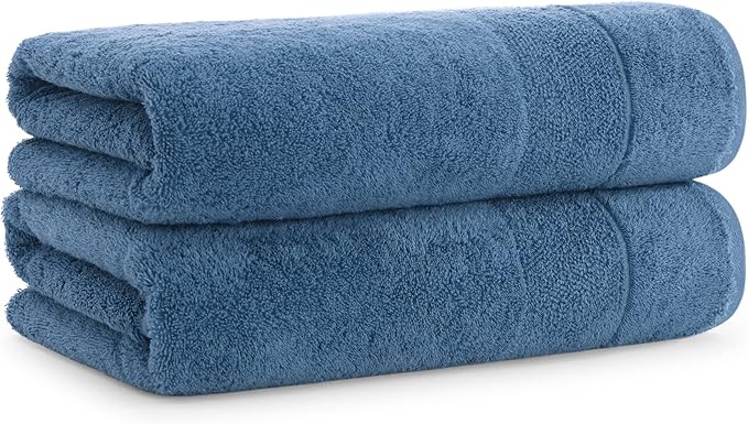 Aston & Arden Aegean Terry Bath Towels - Set of 2 - Ringspun Turkish Cotton Thick and Soft Absorbent Luxury Hotel and Spa Bathroom Towel, 600 GSM, 30 x 60 in, Copen Blue
