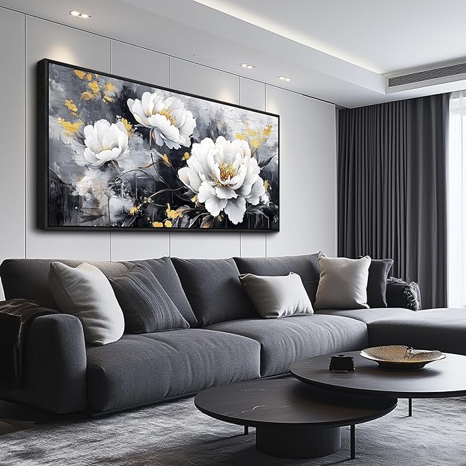 PHAOHUAXM Large Framed Canvas Wall Decor For Living Room Wall Art For Bedroom Modern Abstract Painting Ink-Wash White Flowers With Black Frames Dining Room Home Decor Print Artwork Posters 30"X60"