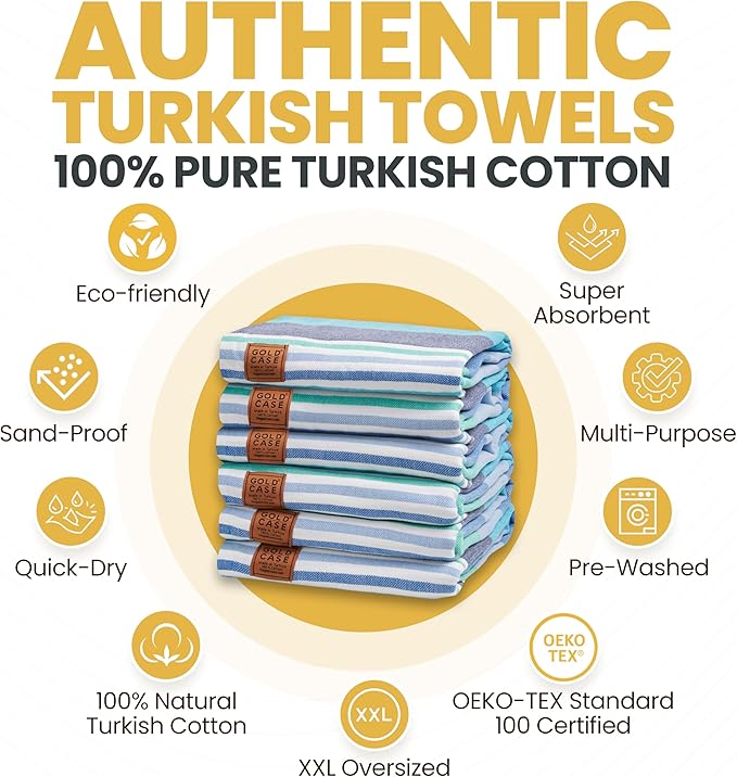 Gold CASE Turkish Beach Towel Set of 6 – 100% Cotton Large Turkish Bath Towels 70 x 38'' – OLYMPOS Oversized, Quick Dry & Sand Free Beach Towel – Lightweight Towels Set - Blue