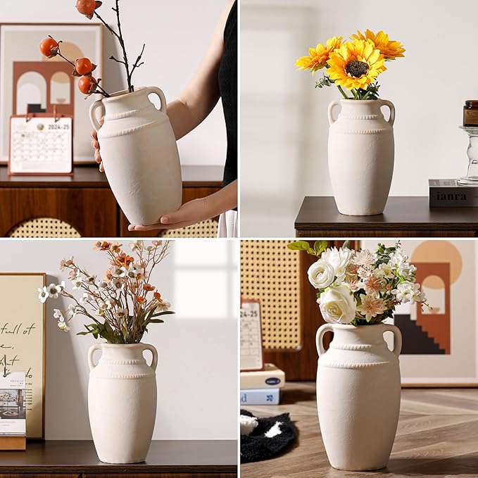 Beige Ceramic Vase with Handles, 10.5 Inch Boho Modern Aesthetic Textured Table Vases for Anthropologie Home Decor Centerpieces (Cream Beige White)