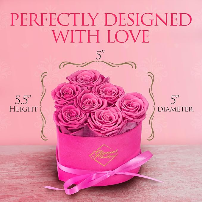 GLAMOUR BOUTIQUE 7 Flower Forever Heart Shape Box - Preserved Roses Gift for Her, Preserved Flowers, Velvet Pink