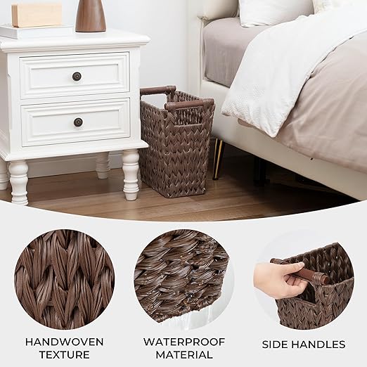 GRANNY SAYS Woven Trash Basket, Brown Wastepaper Basket with Handles, Wicker Bathroom Trash Can for Dorm Laundry Room, 1-Pack, 13" x 7 ½" x 12 ½"