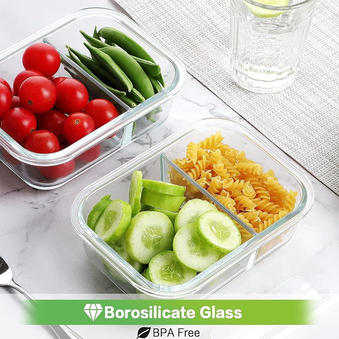 HOMBERKING 10 Pack 24oz Glass Meal Prep Containers 2 Compartment, Food Storage Containers with Lids, Airtight Lunch Bento Boxes (10 lids & 10 Containers) - White