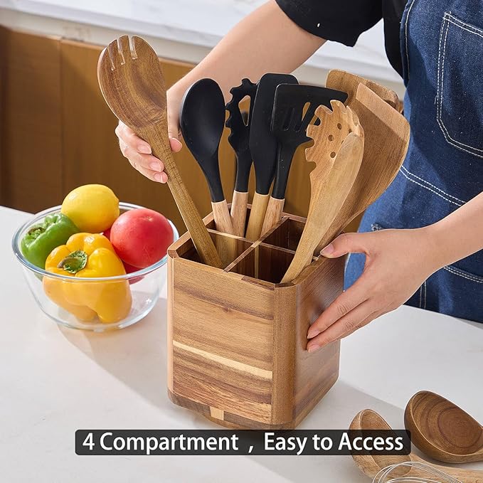 Wood Utensil Holder for Kitchen Counter, 360° Rotating Kitchen Utensil Holder, 7.2"x 6" Large Acacia Cooking Utensil Crock for Countertop (SQUARE)