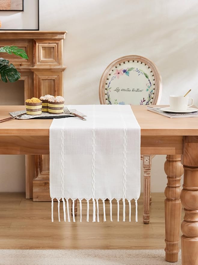 Braided Farmhouse Table Runner, Braided White 13x36 Inch, Cotton Linen Table Runners 36 Inches Long, Embroidered Striped White Boho Table Runner Rustic Home Decor