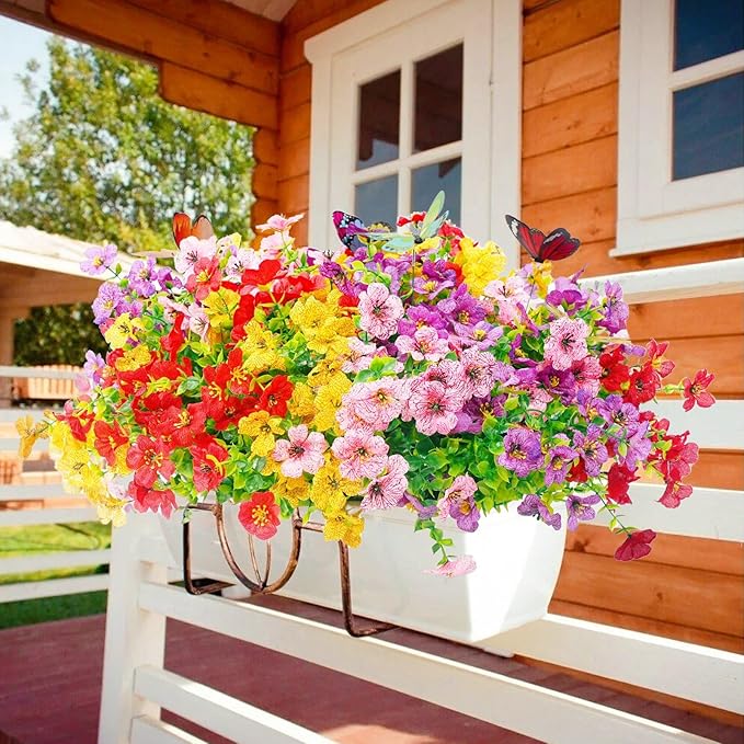 20 Bundles Artificial Flowers for Outdoors‌ with 6 Faux Butterflies, UV Resistant Fake Flowers‌ with Eucalyptus Leaves, Artificial Plants Outdoor‌ for Patio Garden Porch Home Decor (Mix 4 Colors)