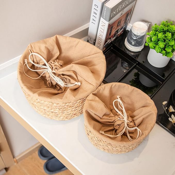 Round Gourd Grass Woven Storage Basket with Liner - Small Woven Baskets for Organizing Kitchens Closet Shelves Bathrooms and Laundry Rooms - Round Basket (One Large)
