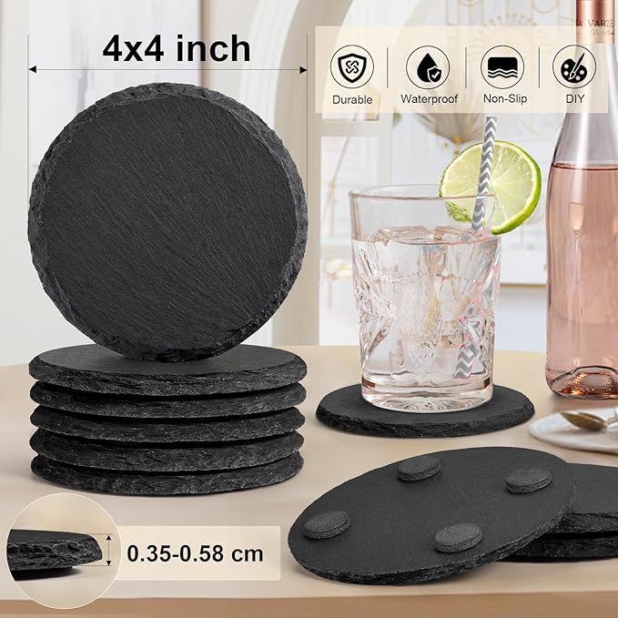 48 PCS Round Slate Drinks Coasters Bulk for Laser Engraving, MAPRIAL 4 Inch Handmade Black Rustic Stone Coaster Laser Blanks with Anti-Scratch Backing for Engraver, Wedding, Gifts, Home Decor, Bar