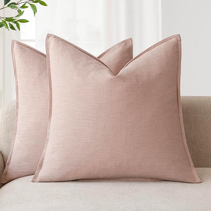 Foindtower Pack of 2, Decorative Linen Solid Throw Pillow Covers Soft Accent Cushion Case Boho Farmhouse Pillowcase for Bed Chair Couch Sofa Bedroom Living Room Home Decor 24 x 24 Inch Light Pink