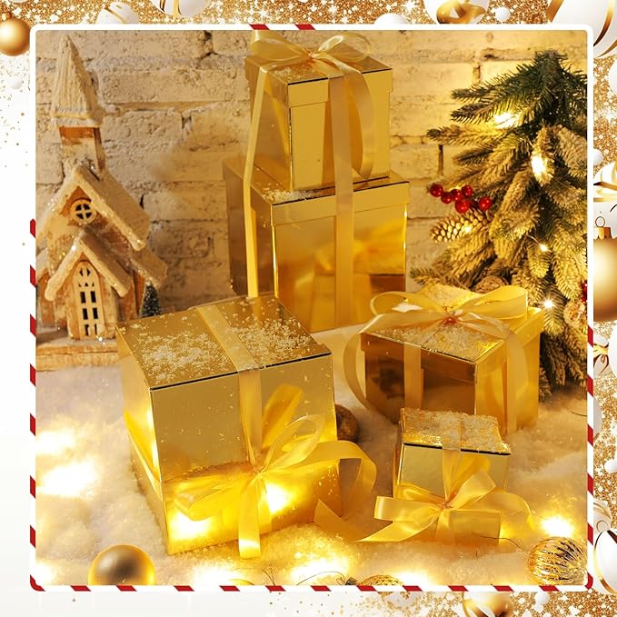 Cholemy 5 Pcs Square Nesting Boxes Decorative Gift Boxes with Lid and Ribbon Assorted Sizes Wrap for Wedding, Thanksgiving, Christmas, Anniversary, Birthday, Bridal Party(Shiny Gold)