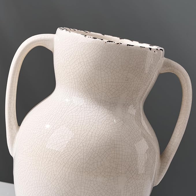 White Ceramic Rustic Vase with 2 Handles, Modern Farmhouse Round Flower Vase, Antique Decorative Vases for Home Decor, Wedding, Living Room, Shelf Decor - 8.3 Inch Tall, Ice Cracked White