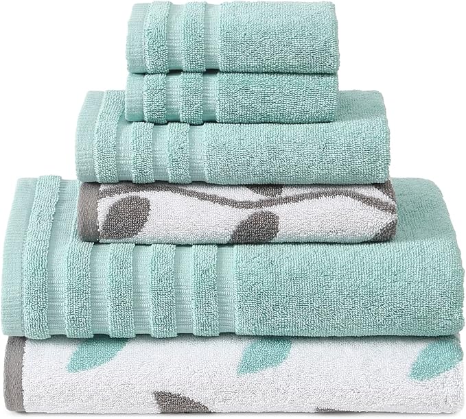 Modern Threads Organic Vines 6-Piece 100% Cotton Towel Set – Yarn Dyed Jacquard & Solid – Includes 2 Bath Towels, 2 Hand Towels, 2 Washcloths – Absorbent, Quick Dry, Soft & Durable – Aqua
