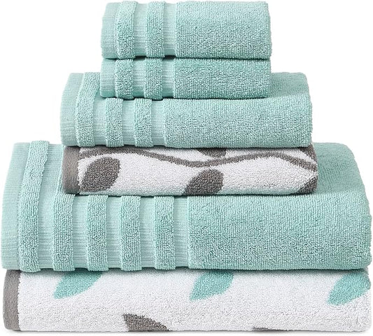 Modern Threads Organic Vines 6-Piece 100% Cotton Towel Set – Yarn Dyed Jacquard & Solid – Includes 2 Bath Towels, 2 Hand Towels, 2 Washcloths – Absorbent, Quick Dry, Soft & Durable – Aqua