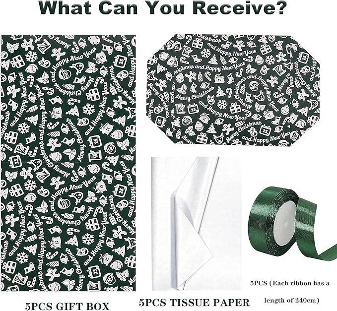 Jaywayang 5 Pack Green Christmas Gift Boxes with Lids, Ribbons and Tissue Papers Square Gift Boxes - 7.1 Inch - Presents Wrapping Christmas Gift Holiday New Year Party Favor Boxes.