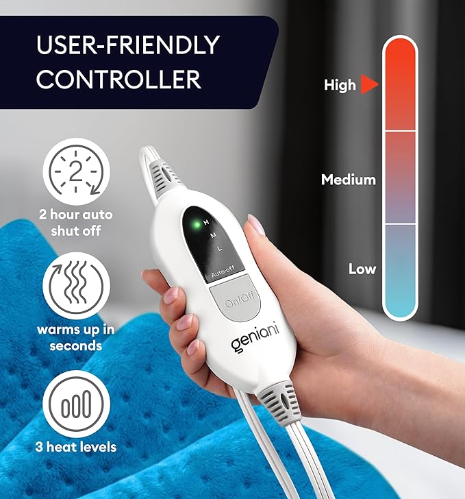 GENIANI Electric Throw - XXL Heating Pad for Back Pain & Menstrual Pain Relief, Auto Shut Off, Machine Washable, Moist Heat Pad for Neck and Shoulder, Cramps Relief, Aqua Blue 18'‘×26’’