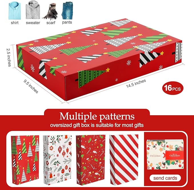 joyhalo 16 Pcs Christmas Gift Boxes with Lids for Presents Bulk 14.5" x 9.5" x 2.5" Large Gift Boxes for Clothes, Wrapping Xmas Robe, Shirt, Goody for Christmas, Birthdays, Wedding, 4 Designs