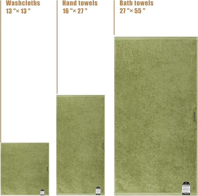 SEMAXE Sage Green Bath Towel Set, 100% Cotton Bathroom Towels with Hanging Loops, Soft & Absorbent, 8 Piece Towel Set Include 2 Bath Towels, 2 Hand Towels, 4 Washcloths