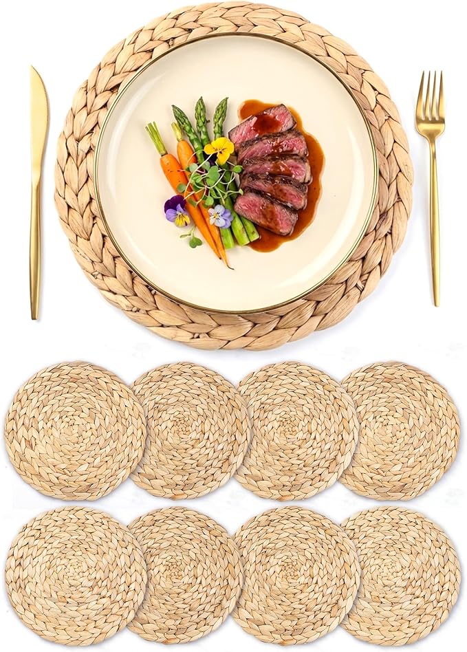 Natural Round Placemats Set of 8, 12 inch Woven Placemats, Herringbone Pattern, Table Mats Braided Heat Proof, Farmhouse Boho Table Place Mat Ourdoor Wicker Chargers for Dinner Plates