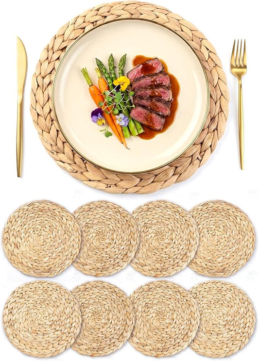 Natural Round Placemats Set of 8, 12 inch Woven Placemats, Herringbone Pattern, Table Mats Braided Heat Proof, Farmhouse Boho Table Place Mat Ourdoor Wicker Chargers for Dinner Plates
