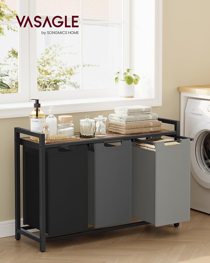 VASAGLE Laundry Hamper, Laundry Basket, Laundry Sorter with 3 Pull-Out and Removable Bags, Shelf, Metal Frame, 3 x 10.6 Gallons (40 L), 36.4 x 13 x 28.4 Inches, Tricolor and Rustic Brown UBLH301X01